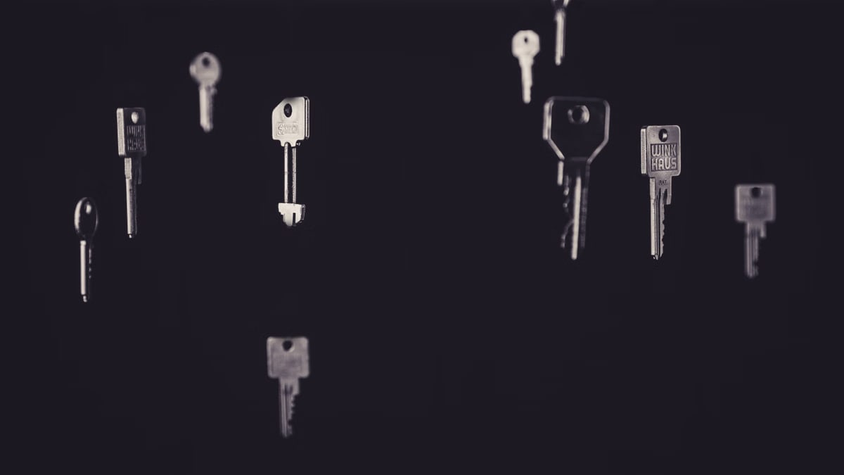 Artistic display of floating metallic keys in a dark, minimalist setting.